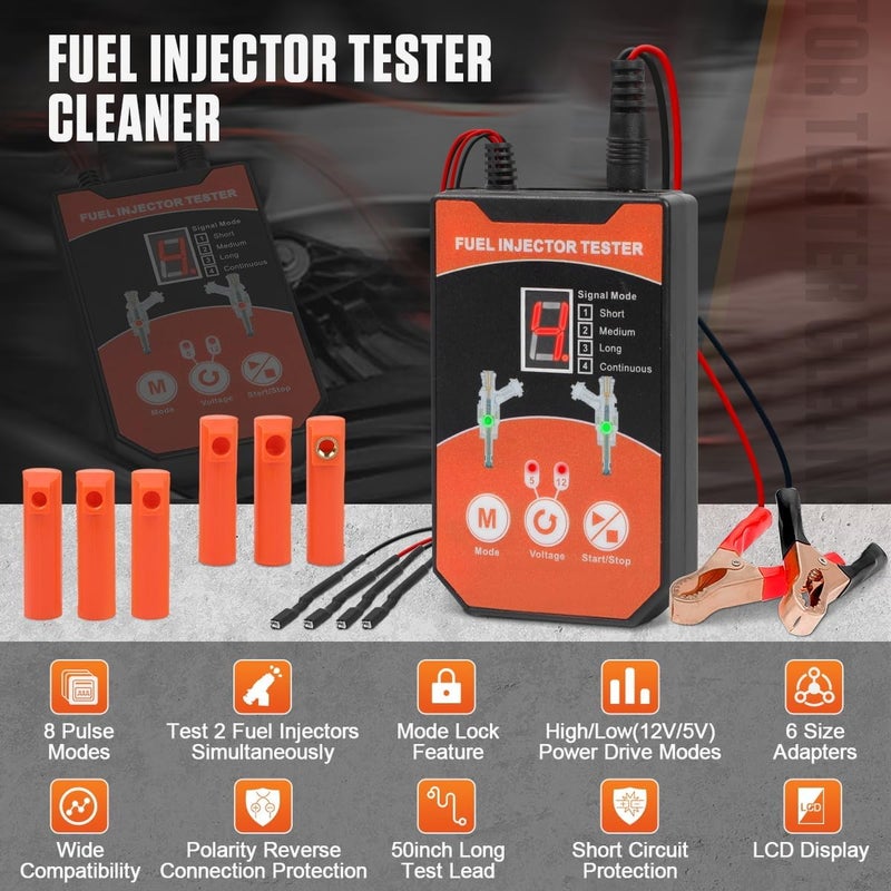 KAISAL Fuel Injector Tester Cleaner Tool Kit 8 Pulse Modes Injector Tester 2 Fuel Injector Test Simultaneously DIY Cleaning Tools with 6 Injector Cleaner Adapters&50in Wire for 12V/5V Car Motorcycle Injector - Image 2